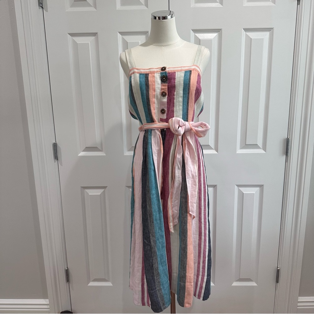 J. Crew LINEN Stripped Light Textured Spaghetti Strap, Button down Midi Size 10 - Picture 4 of 15